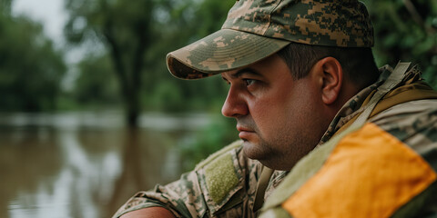 Fototapeta premium Close-up Portrait of a Soldier in Camouflage Uniform Near Water