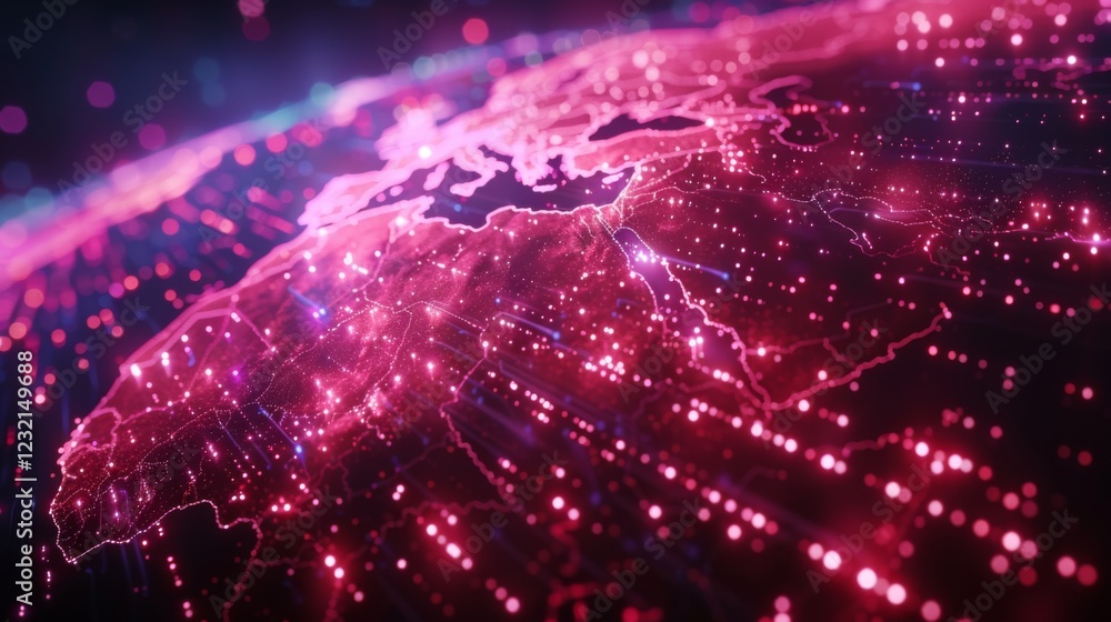 Aufkleber Vivid digital visualization showcases the map of Europe illuminated with bright pink and purple hues, highlighting interconnected network paths and data flows.