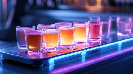 A glowing beer paddle with an assortment of vibrant craft beers
