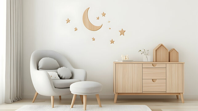 Calm nursery room interior design; moon and stars wall decor; light wood furniture; peaceful background; ideal for parenting blogs
