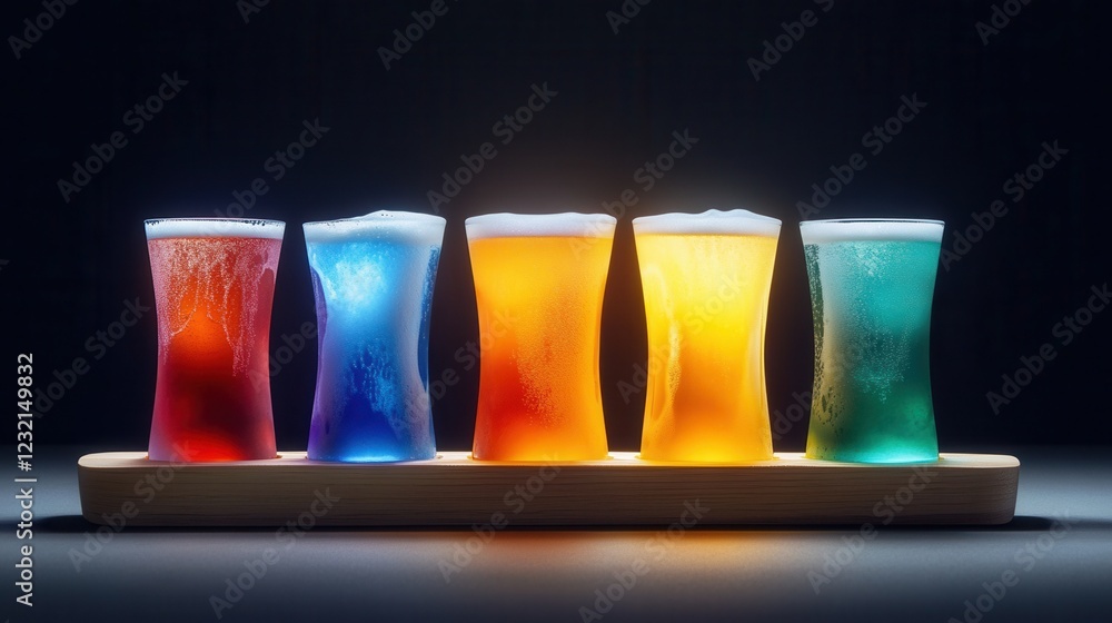 Poster a glowing flight of beers in assorted colors on a wooden paddle