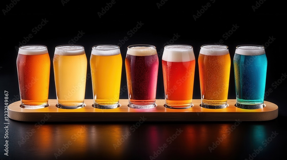Poster a glowing flight of beers in assorted colors on a wooden paddle