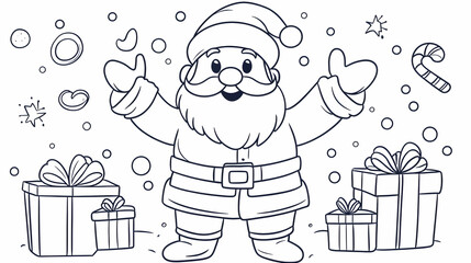 Cheerful Santa Claus amidst gifts and festive elements, perfect for Christmas coloring pages
