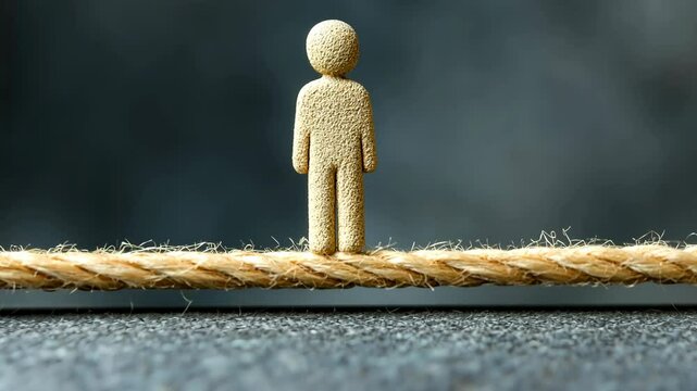 Small figure balancing on a rope demonstrating focus and determination in a creative setting