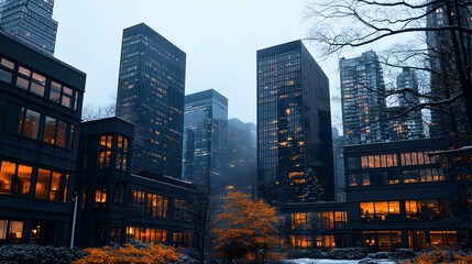 Cityscape at Dusk, Winter Snow, Midtown Buildings, Illuminated Windows, Urban Background