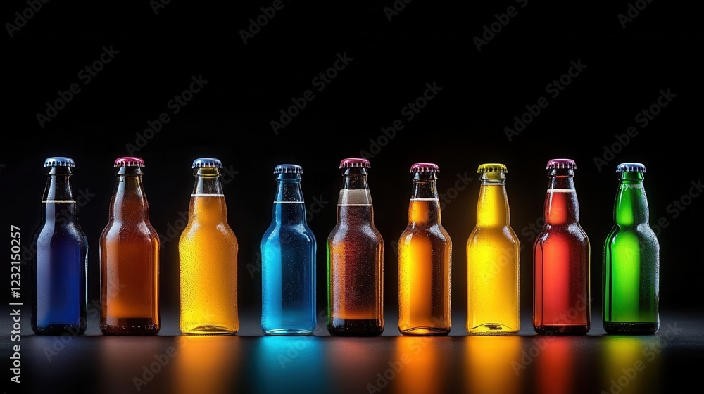 Poster a lineup of beer bottles in assorted colors glowing under neon lights