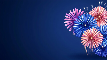 Colorful fireworks flowers on dark blue background, celebration banner