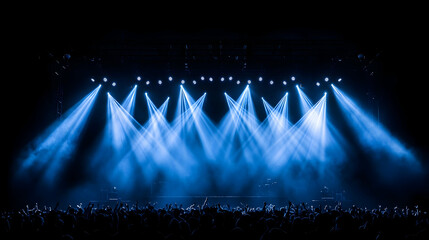 Concert stage lights illuminate cheering crowd;  background dark; ideal for music event promotion