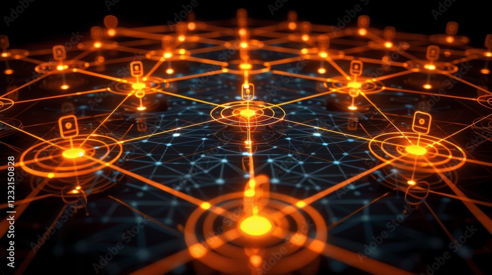 Fototapete Vivid depiction of a connected network featuring illuminated nodes and lines representing data flow in a futuristic digital landscape during nighttime.