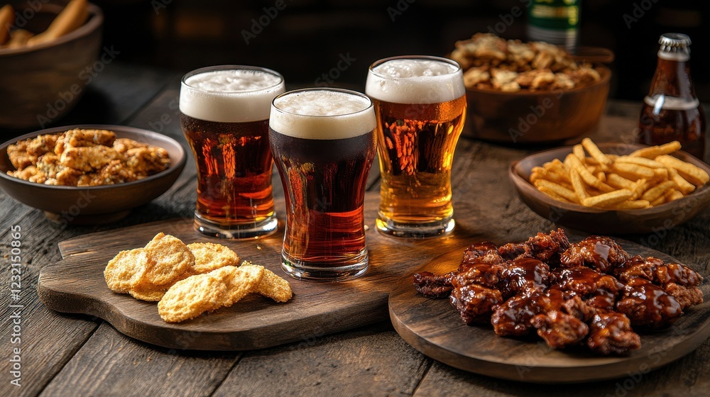Poster a rustic pub table setup with vibrant beer glasses surrounded by snacks