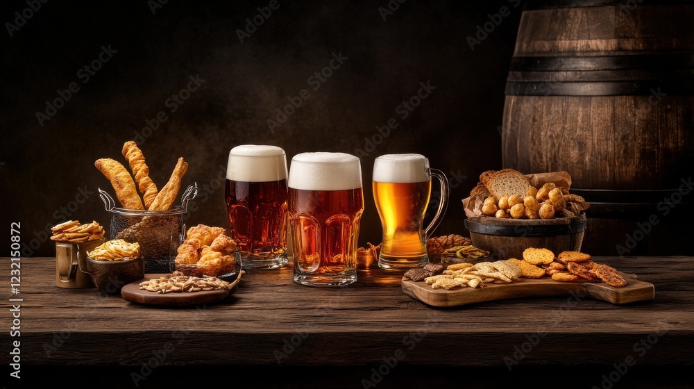 Poster a rustic pub table setup with vibrant beer glasses surrounded by snacks