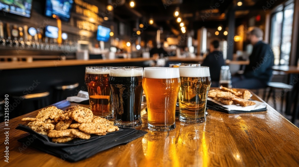 Poster a rustic pub table setup with vibrant beer glasses surrounded by snacks