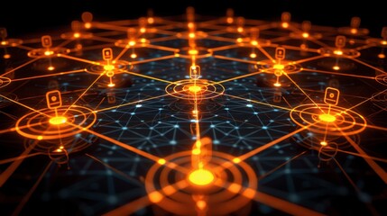 Vivid depiction of a connected network featuring illuminated nodes and lines representing data flow in a futuristic digital landscape during nighttime.