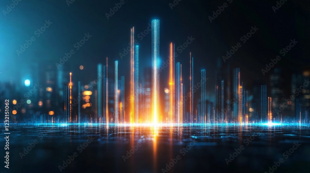 Poster high-tech digital skyline with glowing data visuals in 4k quality
