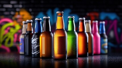 A set of colorful beer bottles glowing against a graffiti wall background