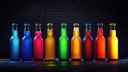 A set of colorful beer bottles glowing against a graffiti wall background