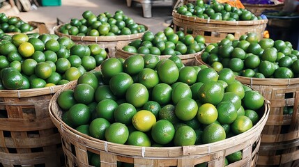 Baskets of limes and kumquats at the market closeup