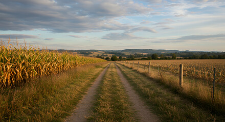 Fototapeta premium A dirt path running through a rural landscape, flanked by dry grass and cornfields. In the background, rolling hills are visible under a partly cloudy sky with a muted color palette. 