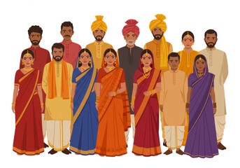 Group of Indian People in Colorful Traditional Attire, Posing Together with Joy and Unity on a White Background
