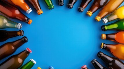Obraz premium A top view of a mix of colorful beer bottles arranged in a circle