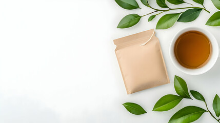 Flatlay Tea bag, cup of tea, green leaves on white background.  Perfect for tea packaging, health blogs, or food websites