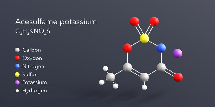 acesulfame potassium molecule 3d rendering, flat molecular structure with chemical formula and atoms color coding