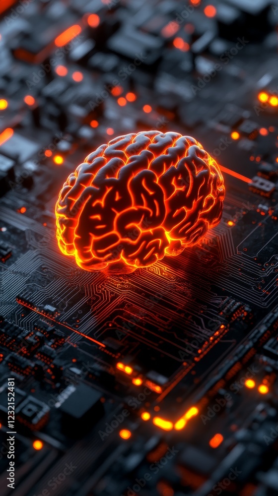 Poster glowing human brain resting on a computer motherboard is processing data