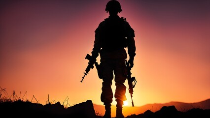 Fototapeta premium Silhouette of a soldier holding two rifles, standing on a hilltop at sunset.