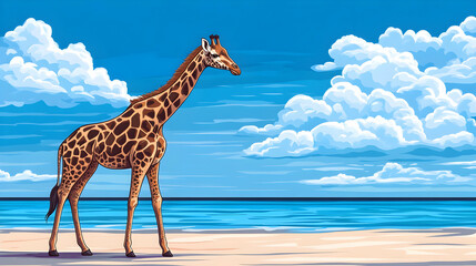 Obraz premium Giraffe on tropical beach, ocean background; summer vacation, travel poster