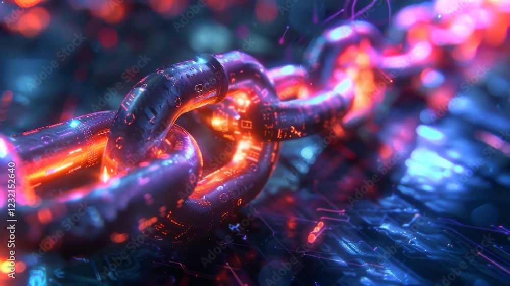 Poster A close up view of a glowing chain symbolizing digital blockchain technology set against a dark, high tech background. The details and colors emphasize a modern, interconnected world.
