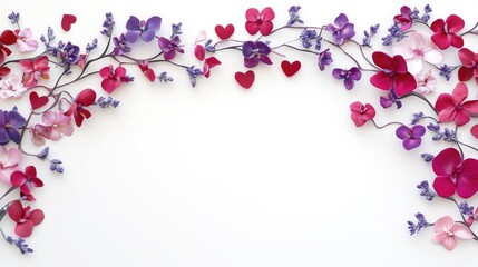 Elegant floral border with pink, purple and red flowers and heart - shaped elements on a white background, suitable for romantic designs and Valentine's Day.