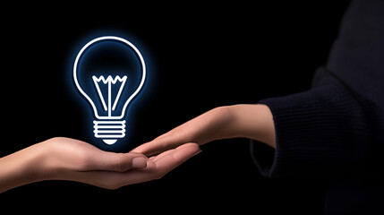Hands sharing glowing idea, dark background, innovation concept, website banner