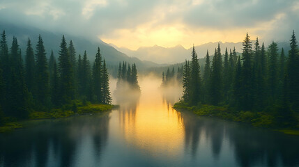 Obraz premium Misty Mountain Lake Sunrise Illustration - Nature, Landscape, Forest, Trees, Water, Reflection, Fog, Mountains, Sunrise, Dawn