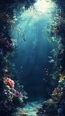 Obraz premium Underwater Eden: A mesmerizing underwater scene with a deep blue water. sunlight pierces through the surface, illuminating vibrant corals and a kaleidoscope of tropical fish.