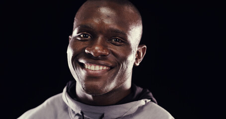 Sweating, fitness and portrait of black man in studio for intense training, exercise and cardio...