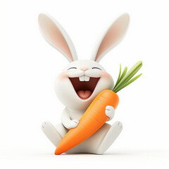 Happy rabbit holding a carrot on white background