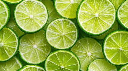 Close-up of many vibrant green lime slices.