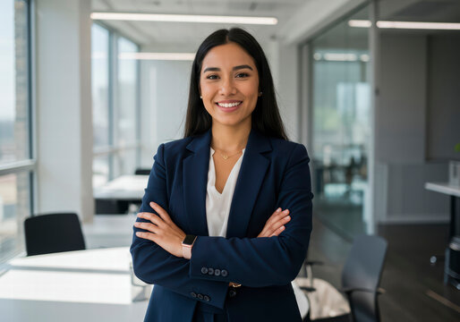 Smiling Latin American Professional with Arms Crossed, Exuding Success and Positivity in Her Workplace