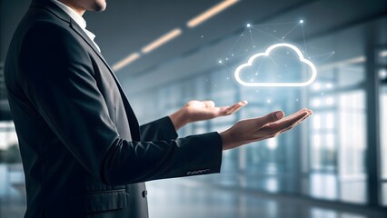 Businessman Presenting Cloud Technology Concept in Modern Office