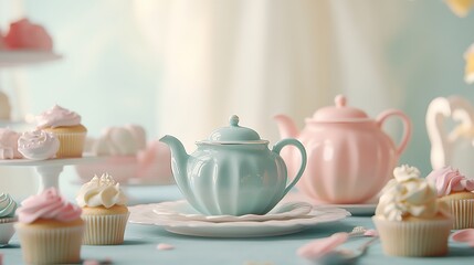 Fototapeta premium Pastel tea party scene; cupcakes, teapots, desserts