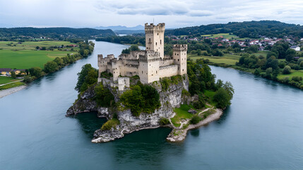 Fototapeta na wymiar Majestic river castle, aerial view, serene landscape, tourism