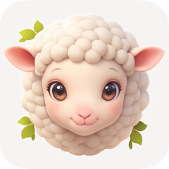 Obraz premium White sheep head with green leaves on white background, illustration