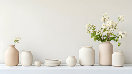 Fototapeta premium Minimalist home decor beige ceramic vases with white flowers on shelf against white wall; perfect for blogs, websites, and home decor magazines