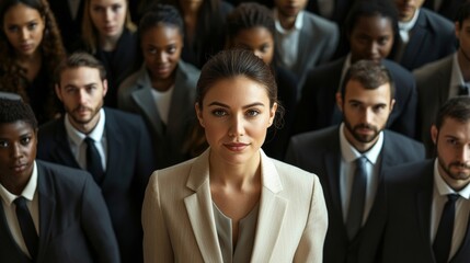 Fototapeta premium Professional woman guiding multicultural team members in business attire, collaborating during strategic meeting in modern workplace