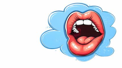 Open mouth, cartoon style, blue background, for advertising