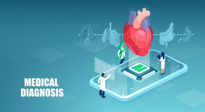 Medical diagnostics using AI technology concept.  Modern Innovative health care analysis, isometric design
