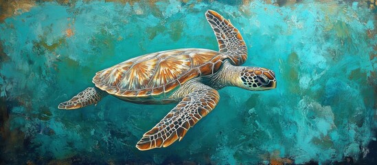 Vibrant Sea Turtle Swimming Gracefully in Turquoise Ocean Waters with Artistic Detail and Rich Colors