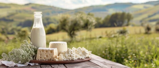 Dairy products against the backdrop of nature: ideal for organic food adverts, healthy eating articles, cookery blogs.