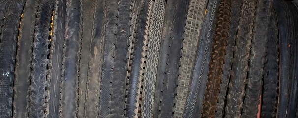 Background of worn-out bicycle tires. Selective focus .Panoramic photo.