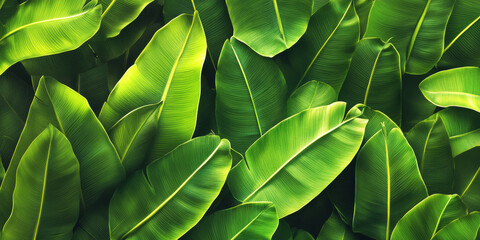 Obraz premium Tropical luxury exotic seamless pattern with vibrant green banana leaves and palm fronds. The hand-drawn vintage 3D illustration captures the lush, dense foliage, bringing a rich, tropical vibe to the